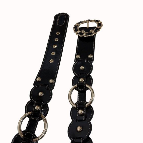 Edgy Link Ring Statement Belt Size M Black Leather Studded Circle Y2k Biker Chic - Picture 4 of 16